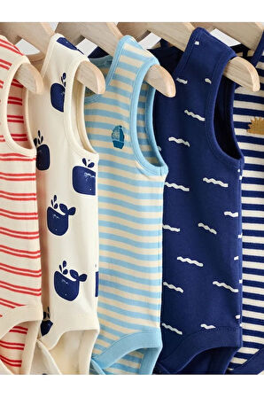 % 100 Pamuklu Kırmızı Mavi Balık Desenli 5'li Body Zıbın Set