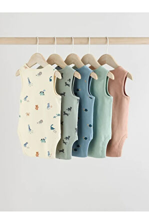 % 100 Pamuklu Mavi Animal Desenli 5'li Body Zıbın Set