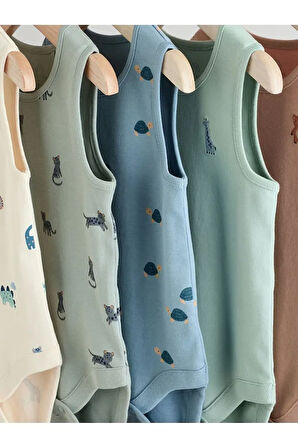 % 100 Pamuklu Mavi Animal Desenli 5'li Body Zıbın Set