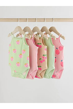 % 100 Pamuklu Yeşil Pembe Meyve Desenli İp Askılı 5'li Body Zıbın Set