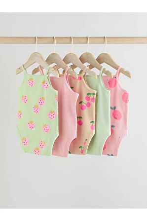 % 100 Pamuklu Yeşil Pembe Meyve Desenli İp Askılı 5'li Body Zıbın Set