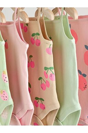 % 100 Pamuklu Yeşil Pembe Meyve Desenli İp Askılı 5'li Body Zıbın Set