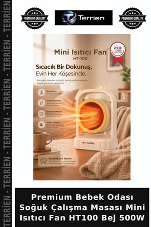 Premium Bebek Odası Soğuk Çalışma Masası Mini Isıtıcı Fan HT100 Bej 500W