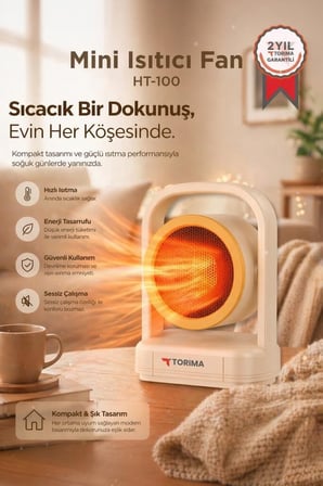 Premium Bebek Odası Soğuk Çalışma Masası Mini Isıtıcı Fan HT100 Bej 500W