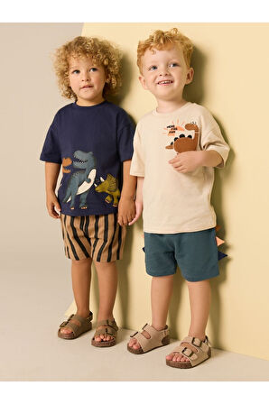 Next Baby Pamuklu Lacivert Krem Dinasour Desenli Kısa Kollu Şortlu 2'li  Alt Üst Takım