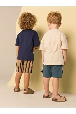 Next Baby Pamuklu Lacivert Krem Dinasour Desenli Kısa Kollu Şortlu 2'li  Alt Üst Takım