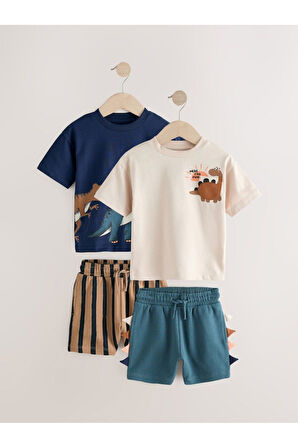 Next Baby Pamuklu Lacivert Krem Dinasour Desenli Kısa Kollu Şortlu 2'li  Alt Üst Takım