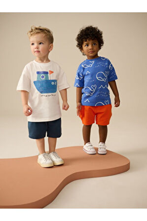 Next Baby Pamuklu Beyaz Mavi Tekne Desenli Kısa Kollu Şortlu 3'lü Alt Üst Takım