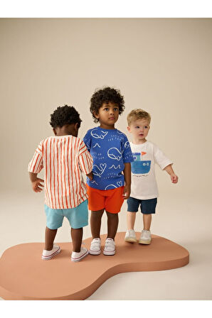 Next Baby Pamuklu Beyaz Mavi Tekne Desenli Kısa Kollu Şortlu 3'lü Alt Üst Takım