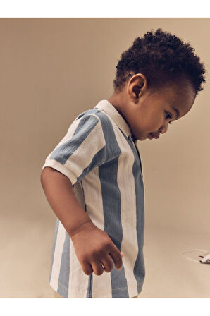 Next Baby Pamuklu Mavi Çizgili Kısa Kollu Polo Thsirt Şort Alt Üst Takım