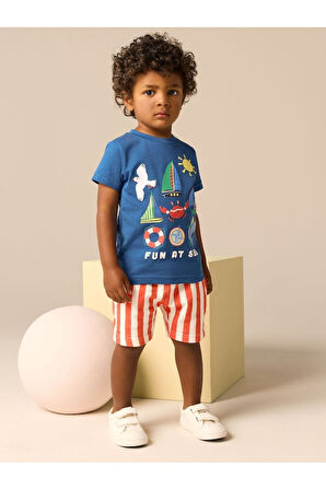 Next Baby Pamuklu Mavi Deniz Temalı Kısa Kollu Thsirt Şort Alt Üst Takım