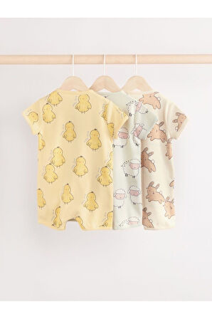 Next Baby % 100 Pamuklu Krem Sarı Hayvan Desenli 3'lü Romper Set