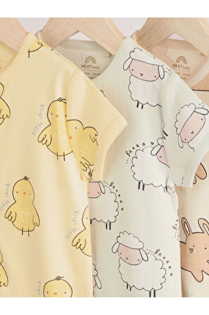 Next Baby % 100 Pamuklu Krem Sarı Hayvan Desenli 3'lü Romper Set