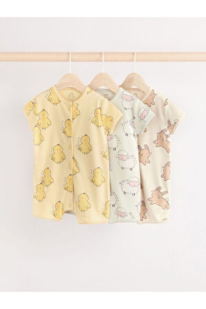 Next Baby % 100 Pamuklu Krem Sarı Hayvan Desenli 3'lü Romper Set