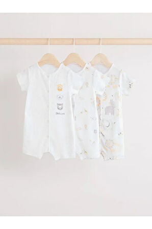 %100 Pamuklu Beyaz Animal Desenli 3'lü Romper Set