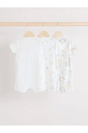 %100 Pamuklu Beyaz Animal Desenli 3'lü Romper Set