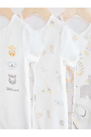 %100 Pamuklu Beyaz Animal Desenli 3'lü Romper Set