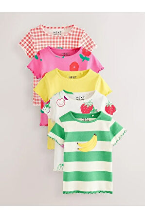 Pamuklu Pembe Yeşil Meyve Desenli Kısa Kollu Ribanalı 5'li Alt Üst Takım