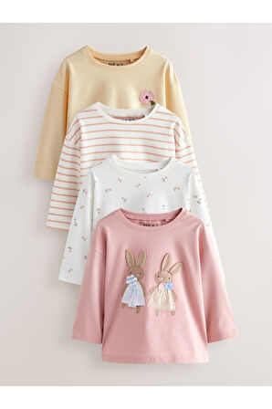 Next Baby Pamuklu Pembe Tavşan Desenli Uzun Kollu Taytlı 4'lü Alt Üst Takım