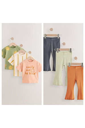 Next Baby Pamuklu Turuncu Baskılı Kısa Kollu Taytlı 3'lü Alt Üst Takım