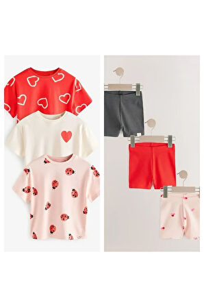Pamuklu Kırmızı Kalp Desenli Kısa Kollu Taytlı 3'lü Alt Üst Takım
