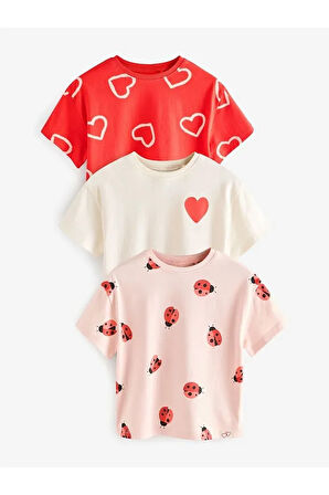 Pamuklu Kırmızı Kalp Desenli Kısa Kollu Taytlı 3'lü Alt Üst Takım