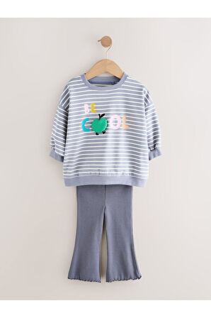 Next Baby Pamuklu Mavi Krem Baskılı Sweatshirt Tayt 2'li Alt Üst Takım