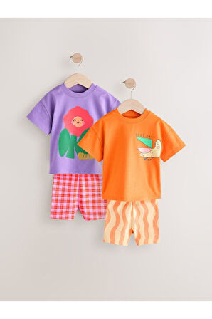 Next Baby Pamuklu Turuncu Lila Baskılı Kısa Kollu Taytlı 2'li Alt Üst Takım