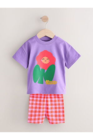 Next Baby Pamuklu Turuncu Lila Baskılı Kısa Kollu Taytlı 2'li Alt Üst Takım