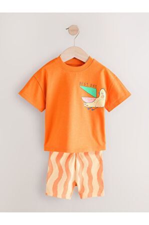 Next Baby Pamuklu Turuncu Lila Baskılı Kısa Kollu Taytlı 2'li Alt Üst Takım