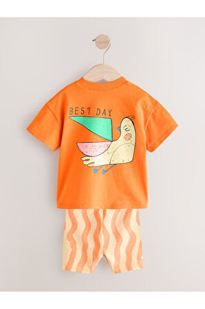 Next Baby Pamuklu Turuncu Lila Baskılı Kısa Kollu Taytlı 2'li Alt Üst Takım