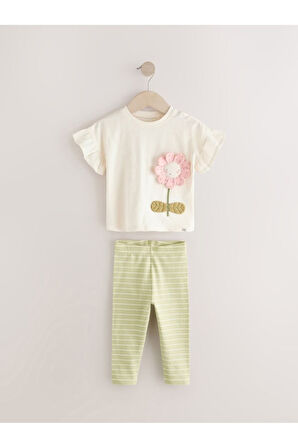 Next Baby Pamuklu Krem  Kısa Kollu Çiçek Desenli 3'li Alt Üst Takım