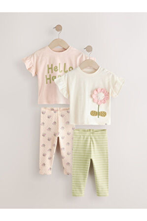 Next Baby Pamuklu Krem  Kısa Kollu Çiçek Desenli 3'li Alt Üst Takım