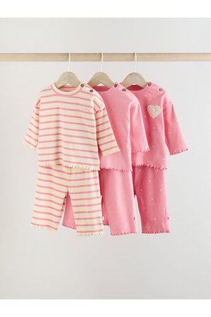 Next Baby Pamuklu Pembe Kalp Desenli Çizgili Uzun Kollu 3'lü Alt Üst Takım
