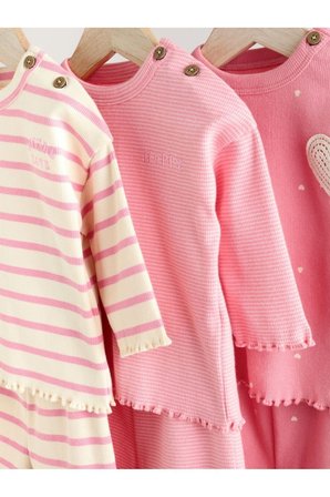 Next Baby Pamuklu Pembe Kalp Desenli Çizgili Uzun Kollu 3'lü Alt Üst Takım