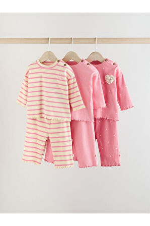 Next Baby Pamuklu Pembe Kalp Desenli Çizgili Uzun Kollu 3'lü Alt Üst Takım