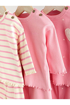 Next Baby Pamuklu Pembe Kalp Desenli Çizgili Uzun Kollu 3'lü Alt Üst Takım