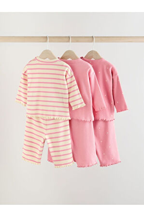 Next Baby Pamuklu Pembe Kalp Desenli Çizgili Uzun Kollu 3'lü Alt Üst Takım