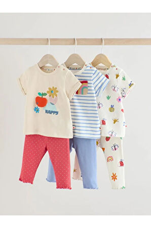 Pamuklu Beyaz Mavi Kırmızı Animal Desenli Kısa Kollu 3'lü Alt Üst Takım