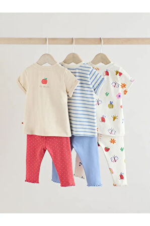 Pamuklu Beyaz Mavi Kırmızı Animal Desenli Kısa Kollu 3'lü Alt Üst Takım