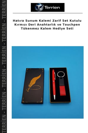 Hatıra Sunum Kalemi Zarif Set Kutulu Kırmızı Deri Anahtarlık ve Touchpen Tükenmez Kalem Hediye Seti