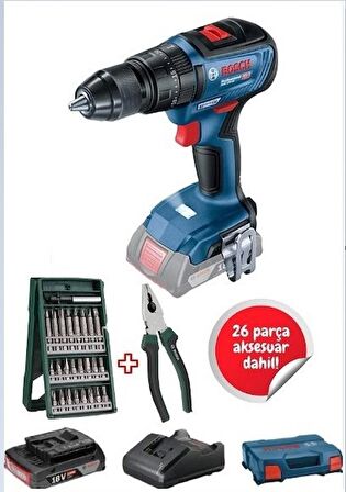 Bosch GSB 18V-50 2 Ah Tek Akülü Darbeli Vidalama + 26 Parça Uç Seti