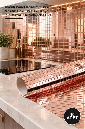 10 Adet Kendinden Yapışkanlı Aynalı Kare Bronz Sticker – Aynalı Panel Dekoratif Cam Mozaik Doku Mutfak Banyo İçin Mirror Tile Self-Adhesive