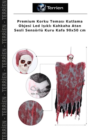 Premium Korku Teması Kutlama Objesi Led Işıklı Kahkaha Atan Sesli Sensörlü Kuru Kafa 90x50 cm