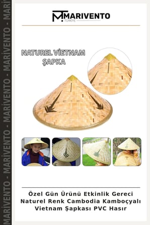 Özel Gün Ürünü Etkinlik Gereci Naturel Renk Cambodia Kamboçyalı Vietnam Şapkası PVC Hasır