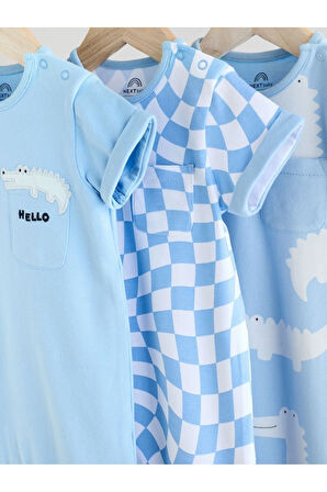 Next Baby % 100 Pamuklu Mavi Timsah Desenli 3'lü Romper Set