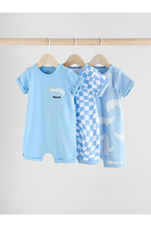 Next Baby % 100 Pamuklu Mavi Timsah Desenli 3'lü Romper Set