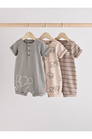 Next Baby %100 Pamuklu Neutral Elephant Desenli 3'lü Romper Set