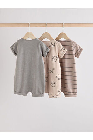 Next Baby %100 Pamuklu Neutral Elephant Desenli 3'lü Romper Set