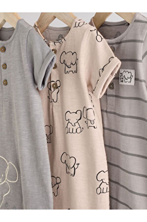 Next Baby %100 Pamuklu Neutral Elephant Desenli 3'lü Romper Set